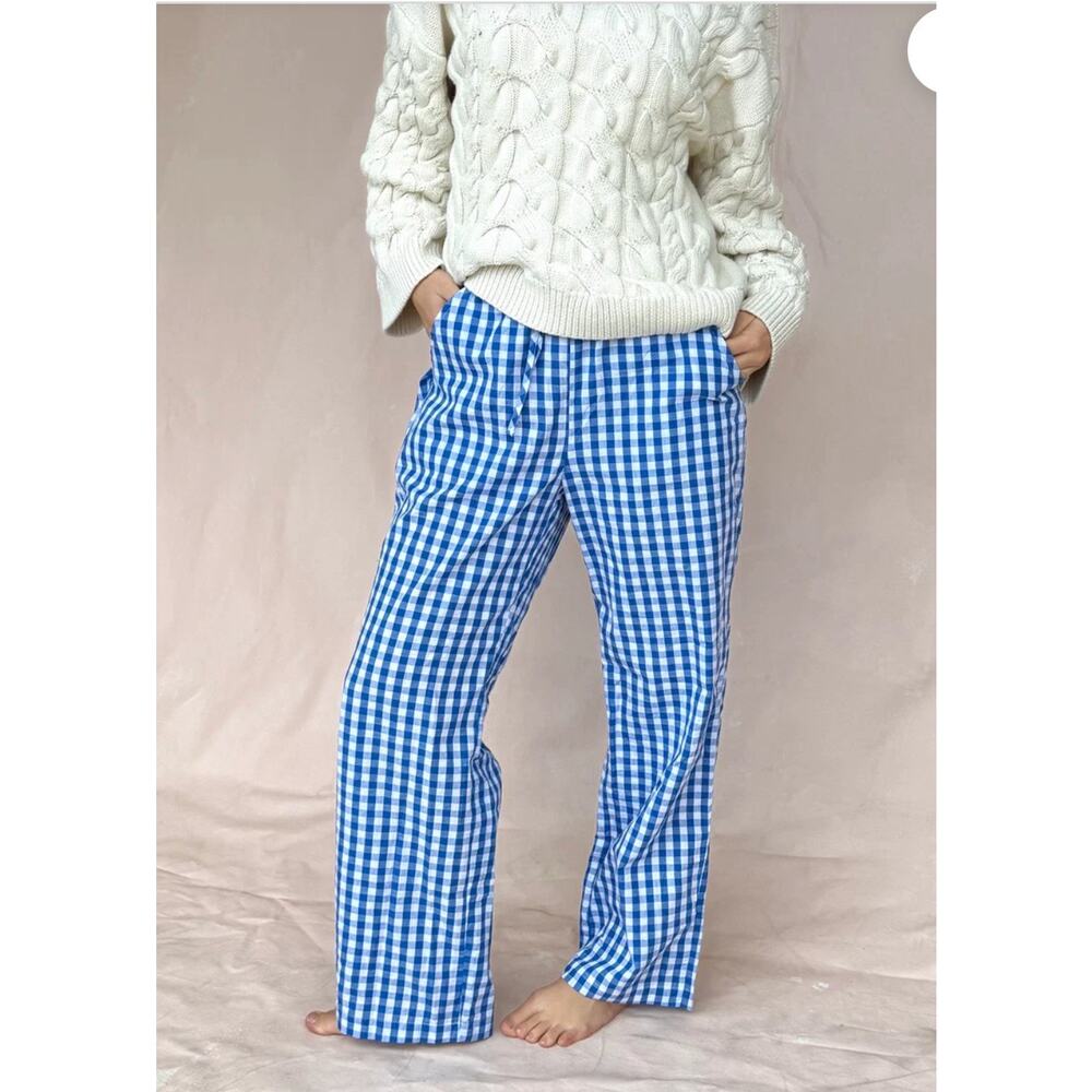 Sonderhaus Perfect Pant Blue White Gingham Cotton Drawstring Wide Leg Womens
